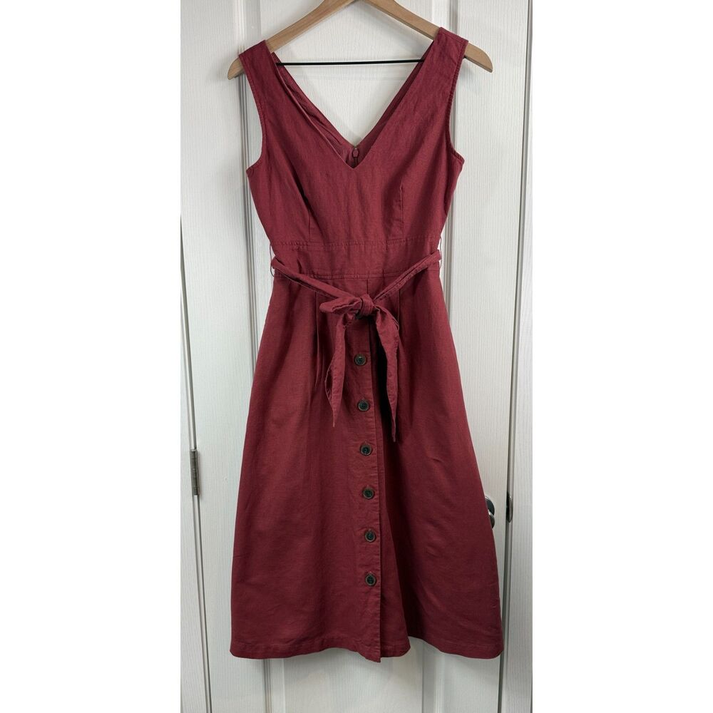Gap Button-Front Midi Dress Women 0 Roan Rouge Linen Cotton Belted